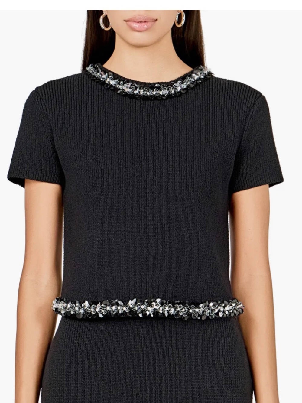Endless Rose Black Short-Sleeve Knit Top with Jeweled Trim